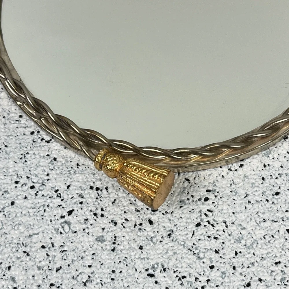 Vintage Hollywood Regency Round Mirror‎ Vanity Tray Rope Gold Tassel Handles 8